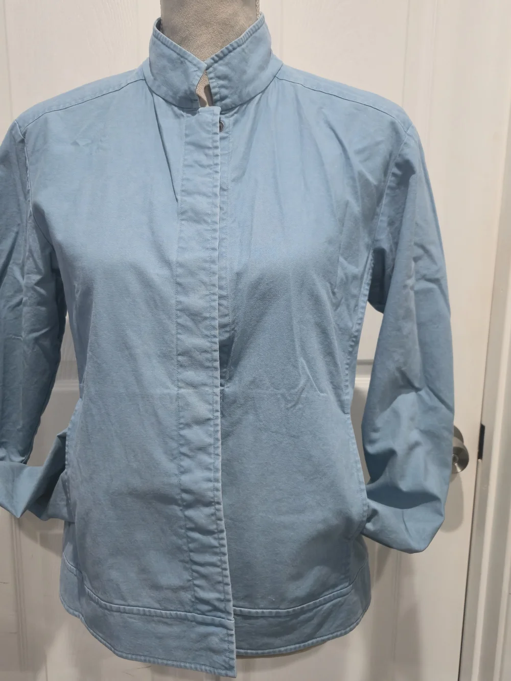 Eileen Fisher 100% Cotton Light Blue Teal Jacket Stand Collar Button Front S
